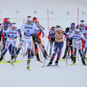 Sophia Laukli (USA), Flora Dolci (FRA), Ebba Andersson (SWE), Frida Karlsson (SWE), Jessie Diggins (USA), Linn Svahn (SWE), Moa Ilar (SWE) and Kerttu Niskanen (FIN).