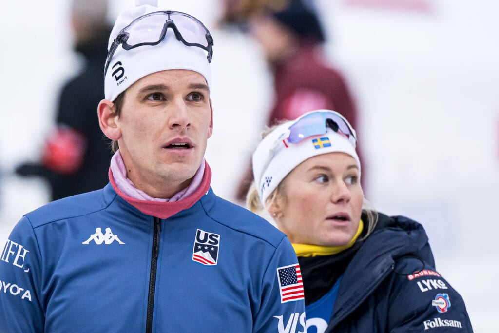 Kevin Bolger of USA and Maja Dahlqvist of Sweden after the Men's Cross Country Skiing 10 km free technique interval start during the FIS Cross-Country World Cup on December 17, 2023 in Trondheim. 
Photo: Marius Simensen / BILDBYRÅN 