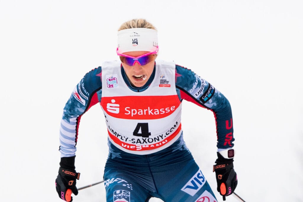Kikkan Randall of USA competes in the prologue of the women's sprint free technique during the FIS Cross-Country World Cup on January 13, 2018 in Dresden.