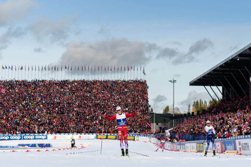 læbo of Norway and William Poromaa of Sweden competes in the men's free technique 50 km mass start during day 11 of the 2025 FIS Nordic Ski World Championships on March 8, 2025 in Trondheim.