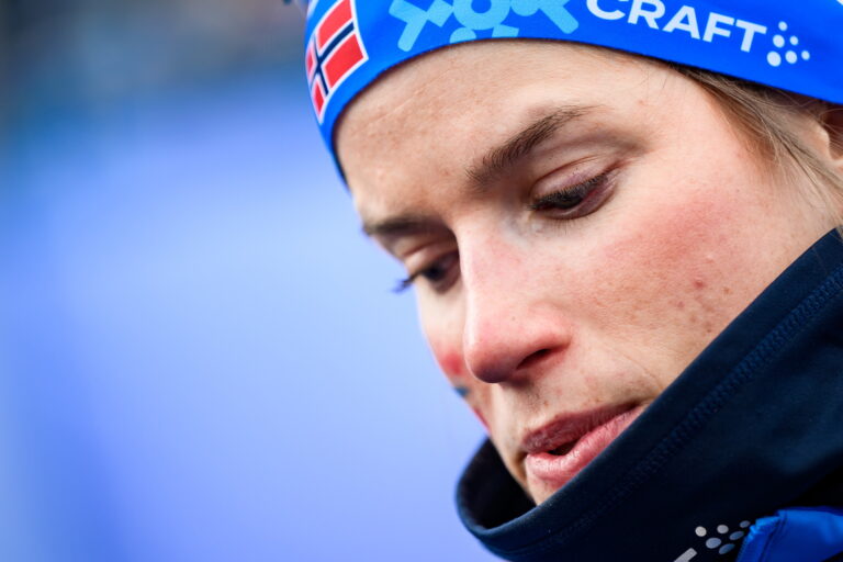 Kristin Austgulen Fosnæs of Norway in the mixed zone after the women's 4 x 7.5 km classic/free technique relay during day 10 of the 2025 FIS Nordic Ski World Championships on March 7, 2025 in Trondheim.