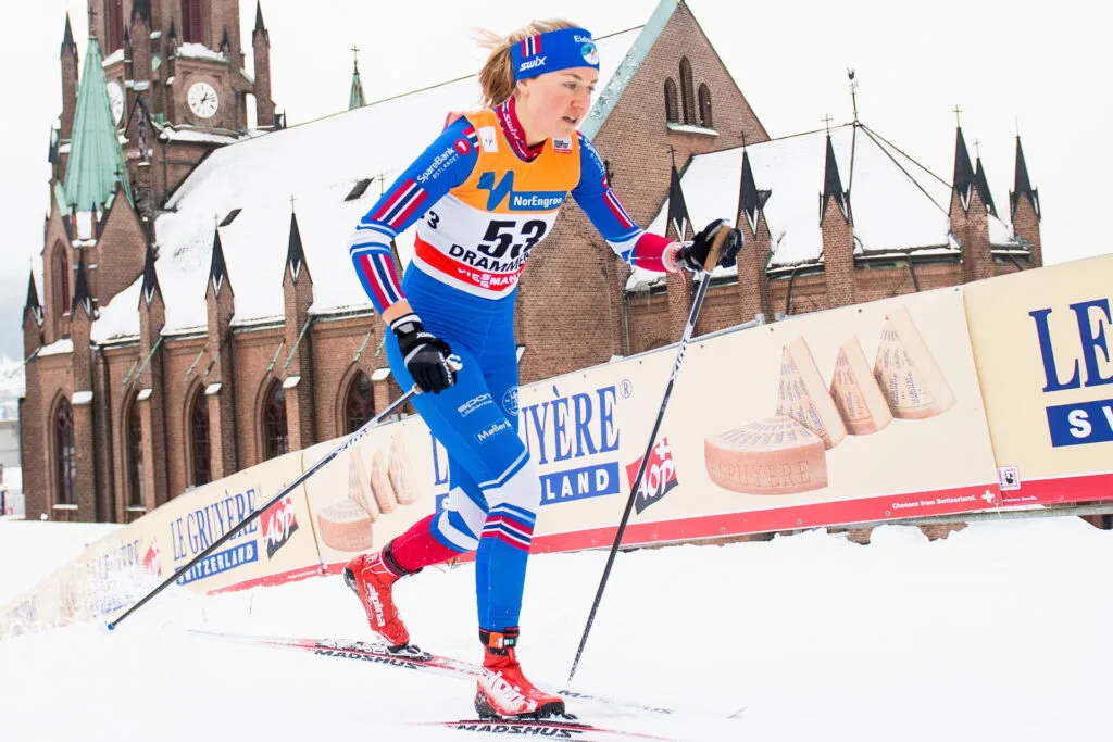 Marthe Bjørnsgaard of Norway competes in the women's sprint qualification classic technique during the FIS Cross-Country World Cup on March 07, 2018 in Drammen. 