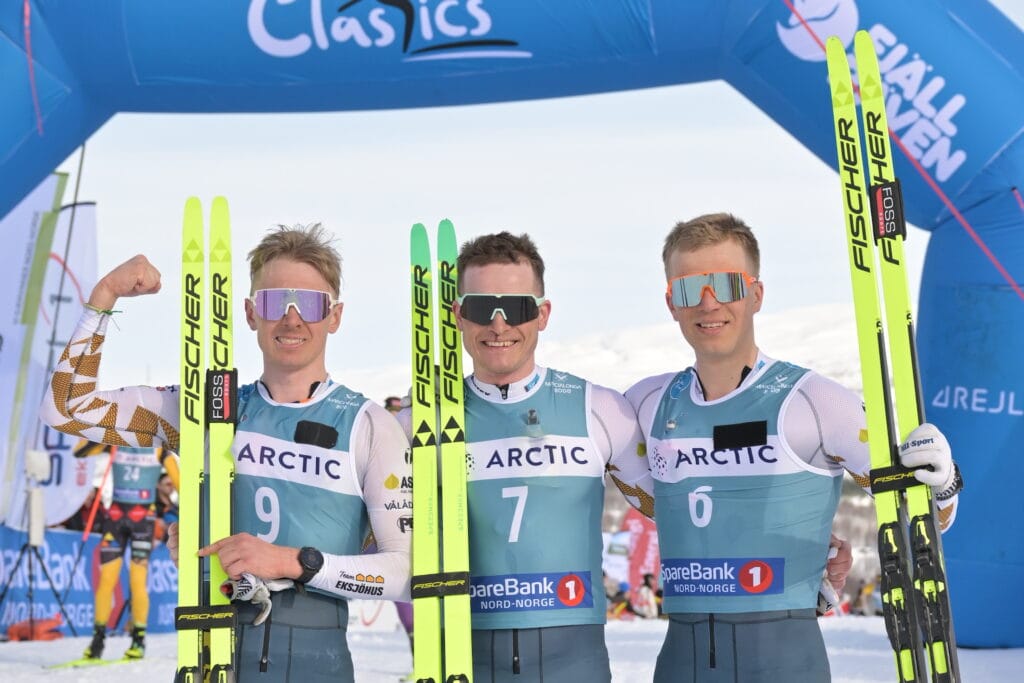 Thomas Odegaarden (NOR), Eirik Sverdrup Augdal (NOR), Axel Jutterstroem (SWE), (l-r) - Ski Classics Marcialonga - Bodo (NOR). 