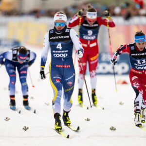 Linn Svahn of Sweden and Heidi Weng of Norway compete in the Women's Sprint semi final during day seven of Tour de Ski on January 3, 2025 in Tesero.