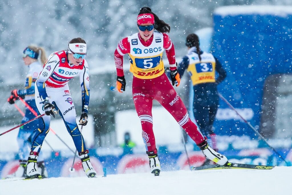 05.12.2021, Lillehammer, Norway (NOR): Tatiana Sorina (RUS), Ebba Andersson (SWE), Veronika Stepanova (RUS), (l-r) - FIS world cup cross-country, 4x5km women, Lillehammer (NOR).