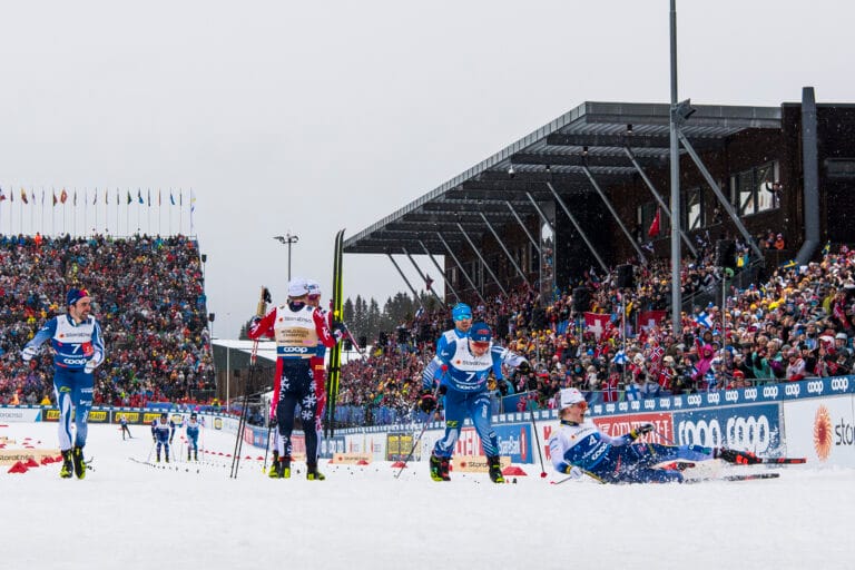 Ristomatti Hakola of Finland, Lauri Vuorinen of Finland and Edvin Anger of Sweden compete in the men's classic technique team sprint final during day 8 of the 2025 FIS Nordic Ski World Championships on March 5, 2025 in Trondheim.