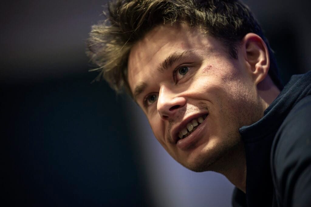 Harald Østberg Amundsen of the Norwegian national cross-country team at a press conference during day 6 of the 2025 FIS Nordic Ski World Championships on March 3, 2025 in Trondheim.