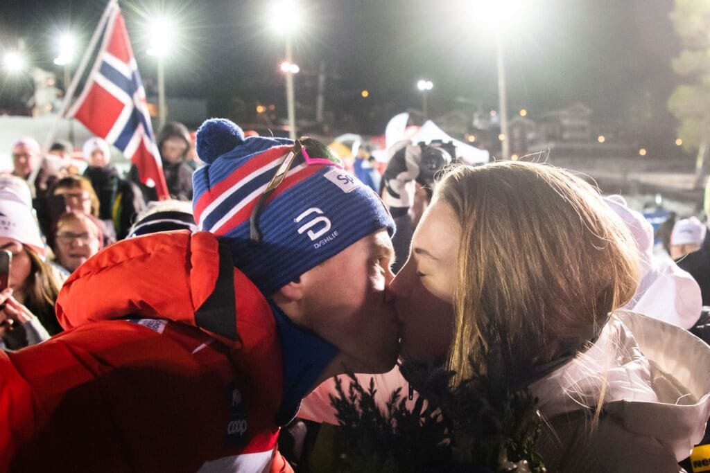 Johannes Høsflot Klæbo of Norway with girlfriend Pernille Dösvik after the men’s cross-country sprint final during Ski Tour 2020 on February 17, 2020 in Åre.