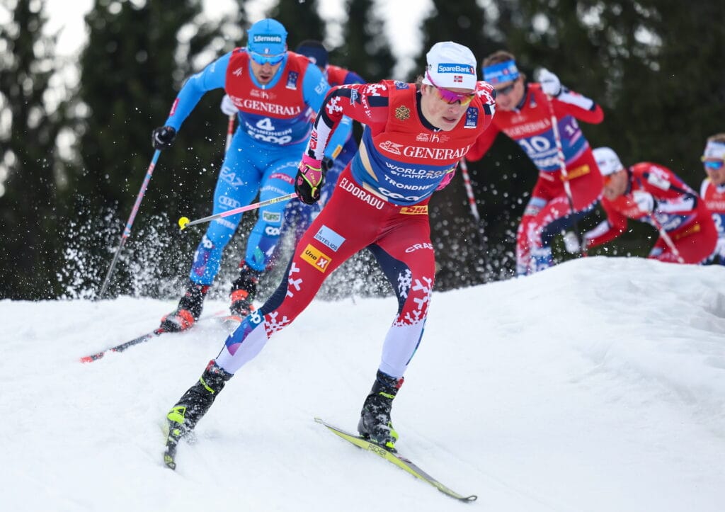 TRONDHEIM,NORWAY,27.FEB.25 - NORDIC SKIING,, CROSS COUNTRY SKIING - FIS Nordic World Ski Championships, sprint, final, men. Image shows Johannes Hoesflot Klaebo (NOR) and Federico Pellegrino