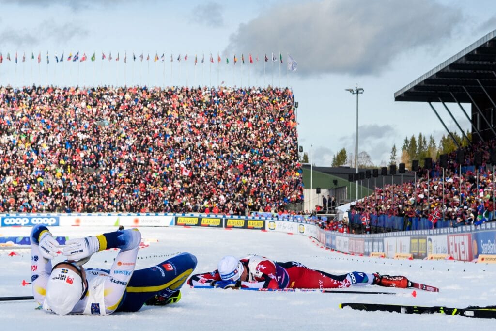 250308 William Poromaa of Sweden and Harald Østberg Amundsen of Norway after the men's free technique 50 km mass start during day 11 of the 2025 FIS Nordic Ski World Championships on March 8, 2025 in Trondheim. Photo: / ko