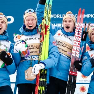 Erik Valnes (NOR), Martin Loewstroem Nyenget (NOR), Harald Oestberg Amundsen (NOR), Johannes Hoesflot Klaebo (NOR), (l-r) - FIS Nordic World Ski Championships Cross-Country, relay men, Trondheim (NOR).