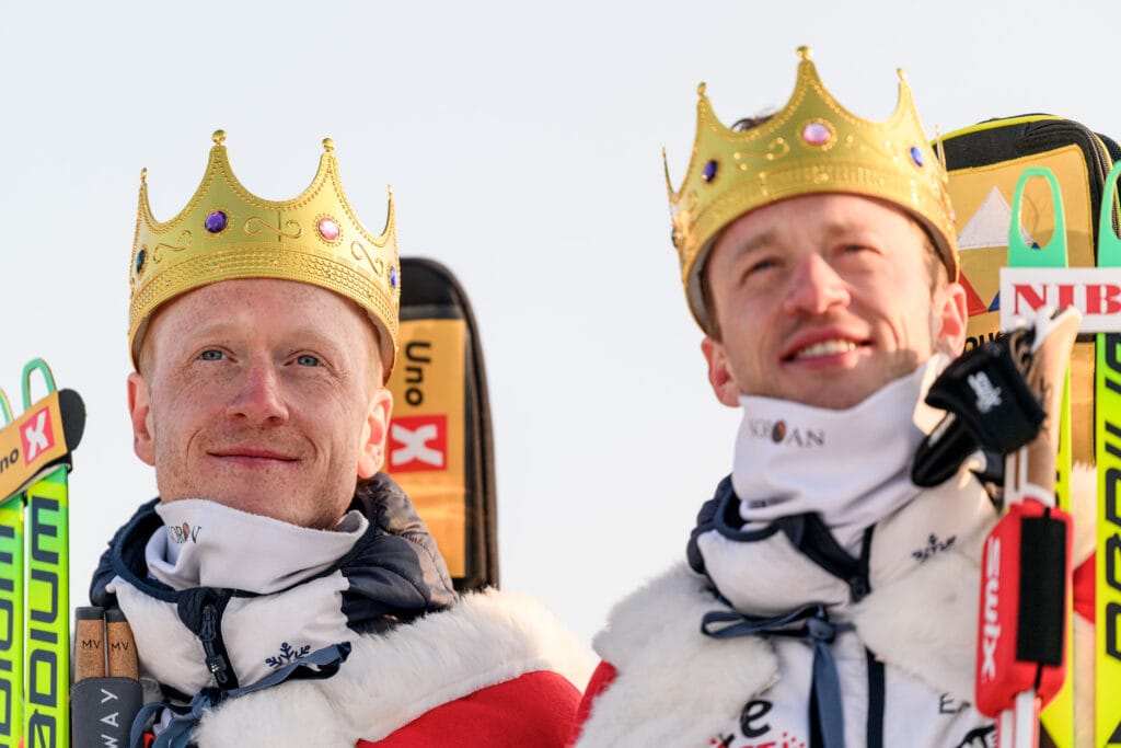 Johannes Thingnes Bø of Norway and Tarjei Bø of Norway is celebrated after men's 15 km mass start during the IBU World Cup on March 23, 2025 in Oslo.