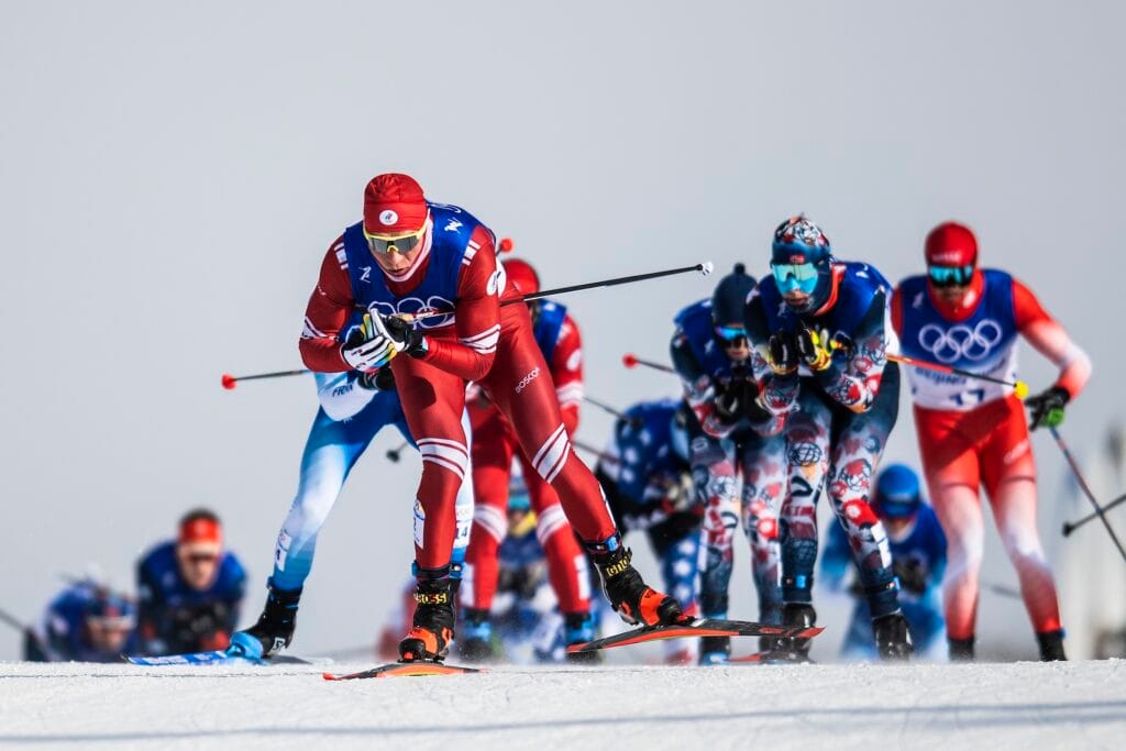 Alexander Bolshunov of ROC (Russia) competes in men's cross country skiing 30 km during day 15 of the 2022 Winter Olympics on February 19, 2022 in Zhangjiakou.