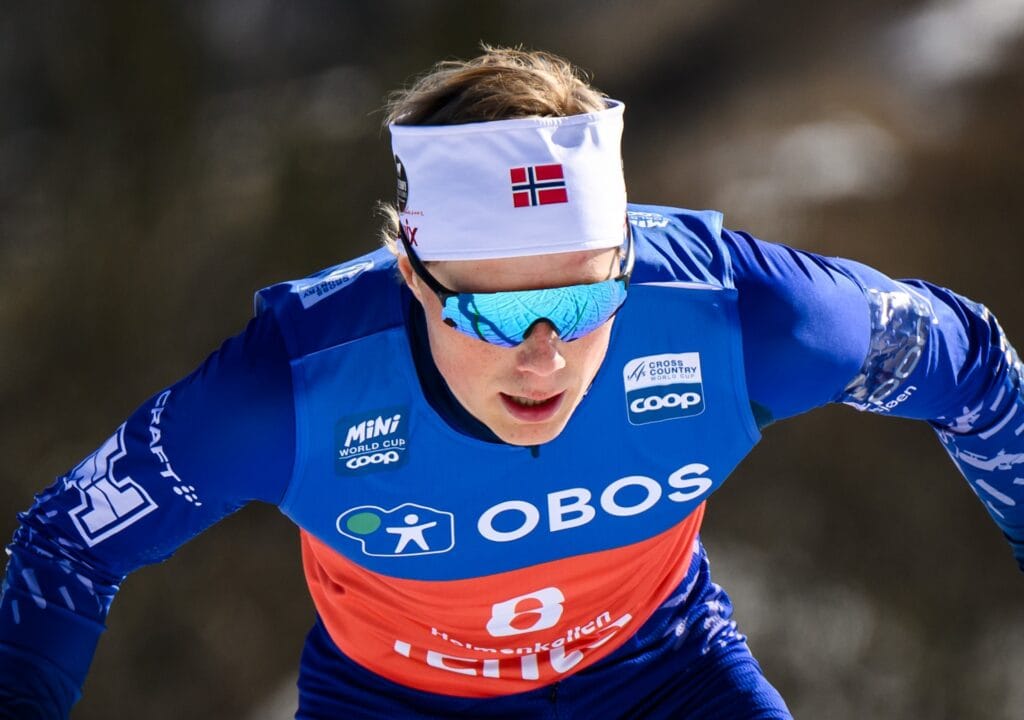 Einar Hedegart of Norway competes in men’s 10 km Interval start free technique during the FIS Cross-Country World Cup on March 16, 2025 in Oslo.