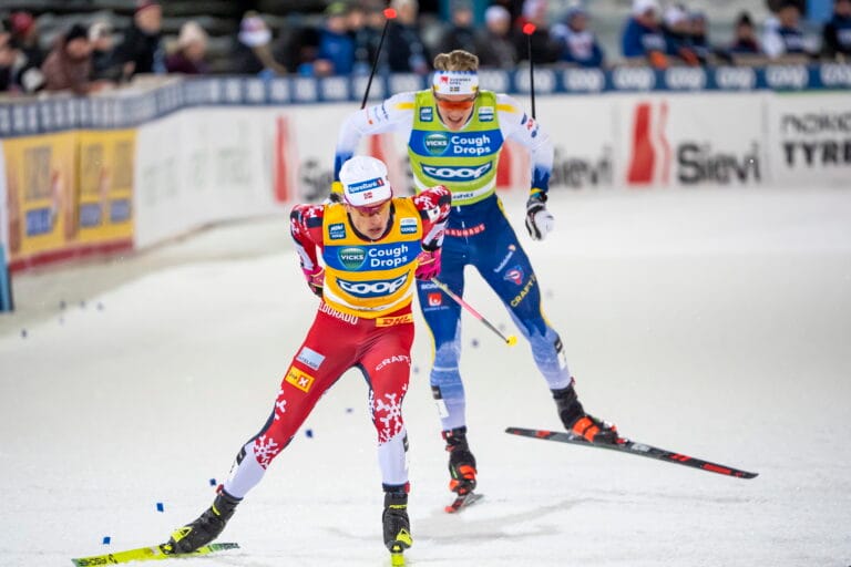 Johannes Høsflot Klæbo of Norway and Edvin Anger of Sweden after the Men's Sprint semi final during the FIS Cross-Country World Cup on March 21, 2025 in Lahti.
