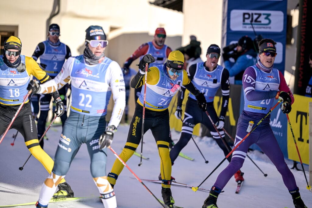 18.01.2025, Zuoz, Switzerland (SUI): Ole Joergen Bruvoll (NOR), Jeremy Royer (FRA), Johan Tjelle (NOR), Alvar Myhlback (SWE), Einar Kalland-Olsen (NOR), (l-r) - Ski Classics Engadin La Diagonela Pontresina - Zuoz (SUI).
