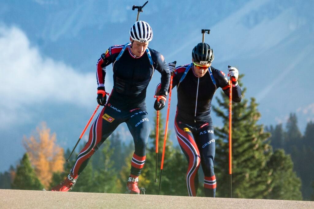 Endre Stroemsheim (NOR), Vetle Sjaastad Christiansen (NOR), (l-r) - Biathlon summer training, Lavaze (ITA).