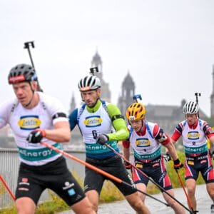 Jakov Fak (SLO), Johannes Thingnes Bø, Tarjei Bø og Florent Claude under City Biathlon Dresden I fjor sommer. Foto: Reichert/NordicFocus