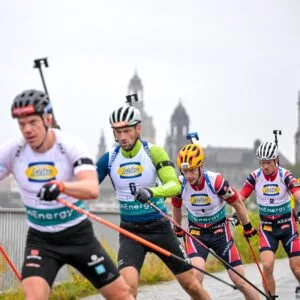 Jakov Fak (SLO), Johannes Thingnes Bø, Tarjei Bø og Florent Claude under City Biathlon Dresden I fjor sommer. Foto: Reichert/NordicFocus