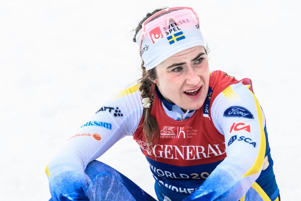 Ebba Andersson of Sweden looks dejected after the women's 50 km free technique mass start during day 12 of the 2025 FIS Nordic Ski World Championships on March 9, 2025 in Trondheim.