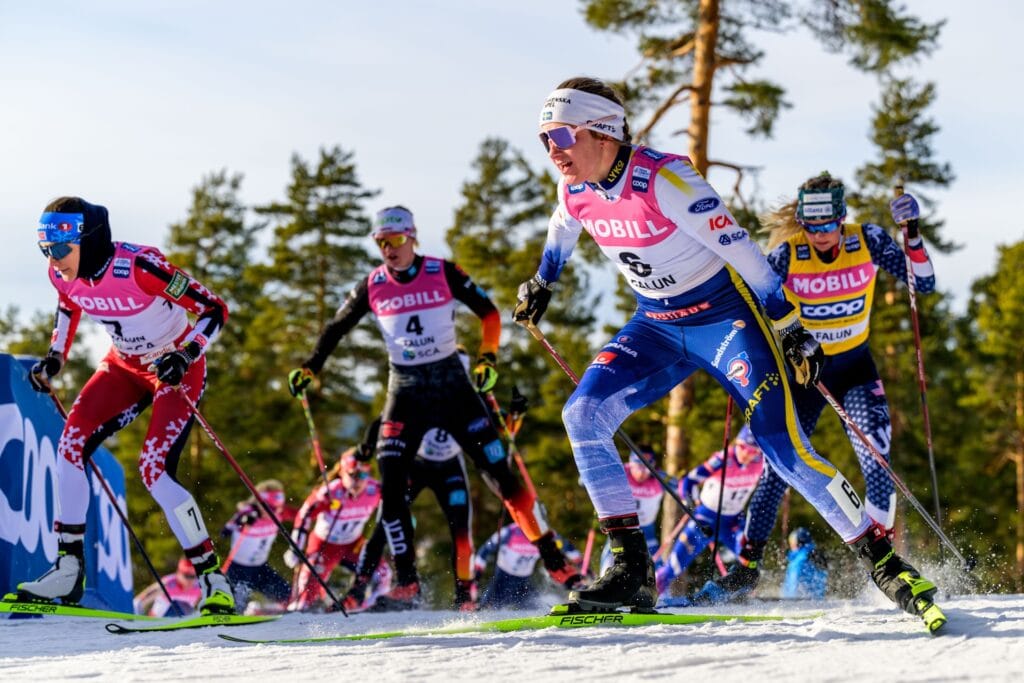 Heidi Weng of Norway and Ebba Andersson of Sweden competes in the women's 20 km mass start during the FIS Cross-Country World Cup on February 16, 2025 in Falun.