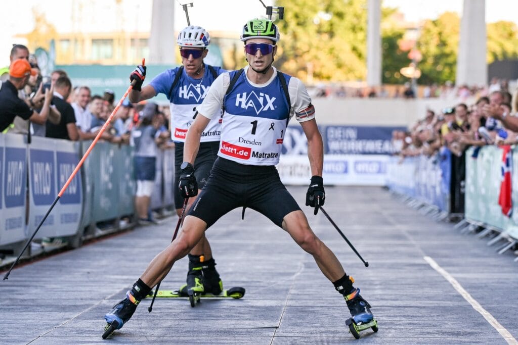 Quentin Fillon Maillet (FRA), Eric Perrot (FRA), (l-r) - City Biathlon - Dresden (GER).