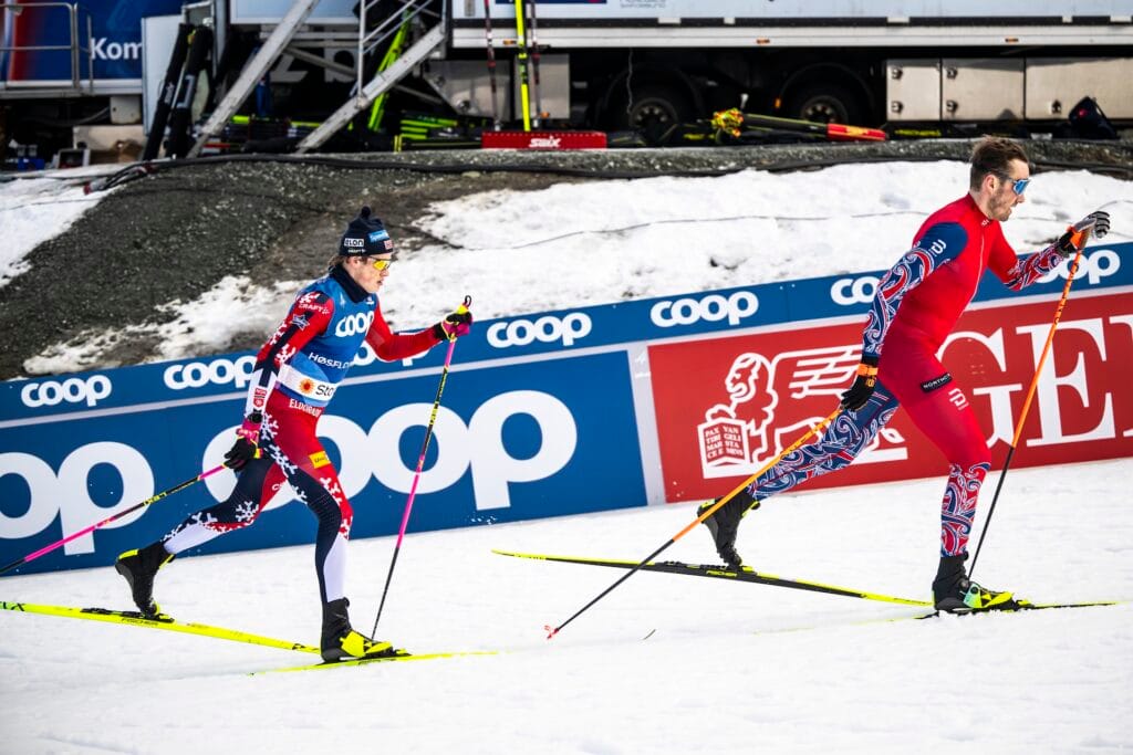 Johannes Høsflot Klæbo and Emil Iversen of the Norwegian national cross-country team at a training session ahead of the 2025 FIS Nordic Ski World Championships on February 24, 2025 in Trondheim. 
Foto: Maxim Thoré / BILDBYRÅN