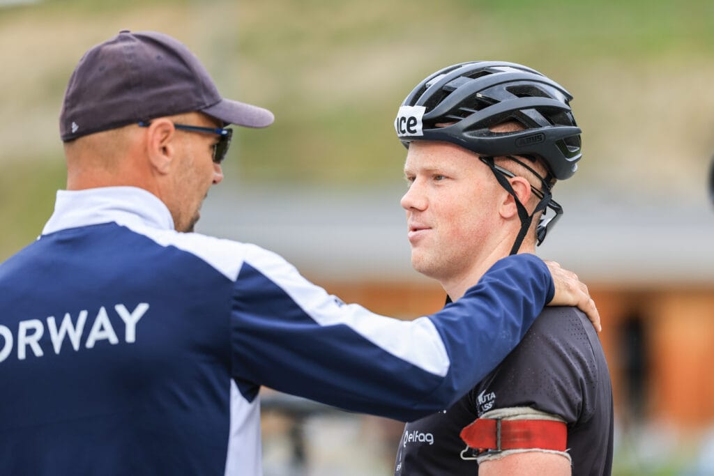 Siegfried Mazet (FRA) coach team Norway, Johannes Dale-Skjevdal (NOR), (l-r) - Biathlon summer training, Lenzerheide (SUI).