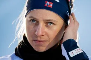 Tiril Kampenhaug Eckhoff of Norway after women's 7,5 km biathlon sprint during the IBU World Cup on March 18, 2023 in Oslo.