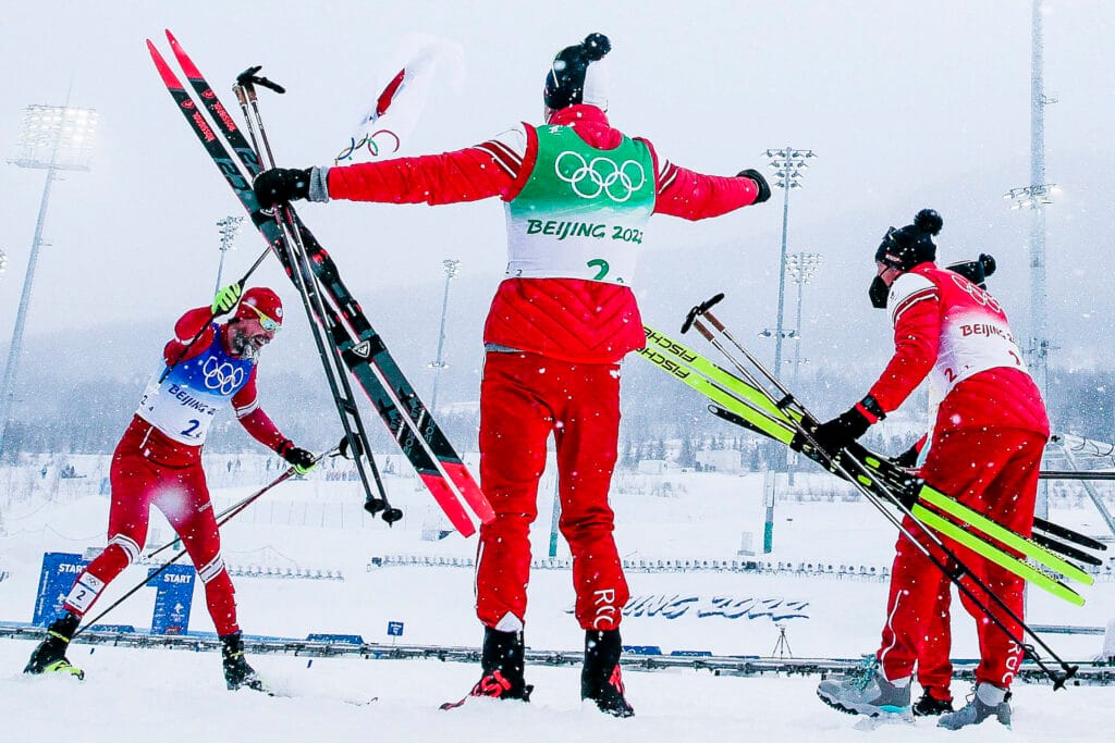 Alexey Chervotkin (RUS), Alexander Bolshunov (RUS), Denis Spitsov (RUS), Sergey Ustiugov (RUS), (l-r) - XXIV. Olympic Winter Games Beijing 2022, cross-country, 4x10km men, Beijing (CHN).