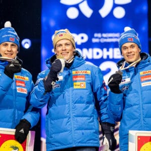 250304 Silver medalist Erik Valnes, gold medalist Johannes Høsflot Klæbo and bronze medalist Harald Østberg Amundsen of Norway at the medal ceremony for men’s 10 km classic technique interval start on March 4, 2025 in Trondheim. Photo: / kod MT / MT0772