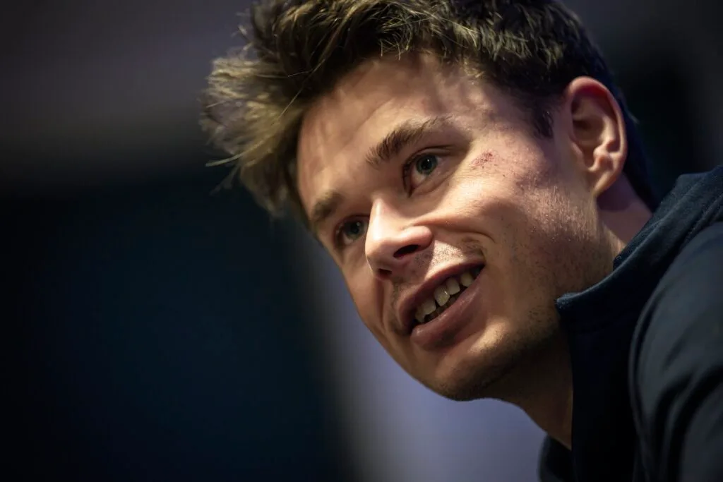 Harald Østberg Amundsen of the Norwegian national cross-country team at a press conference during day 6 of the 2025 FIS Nordic Ski World Championships on March 3, 2025 in Trondheim.