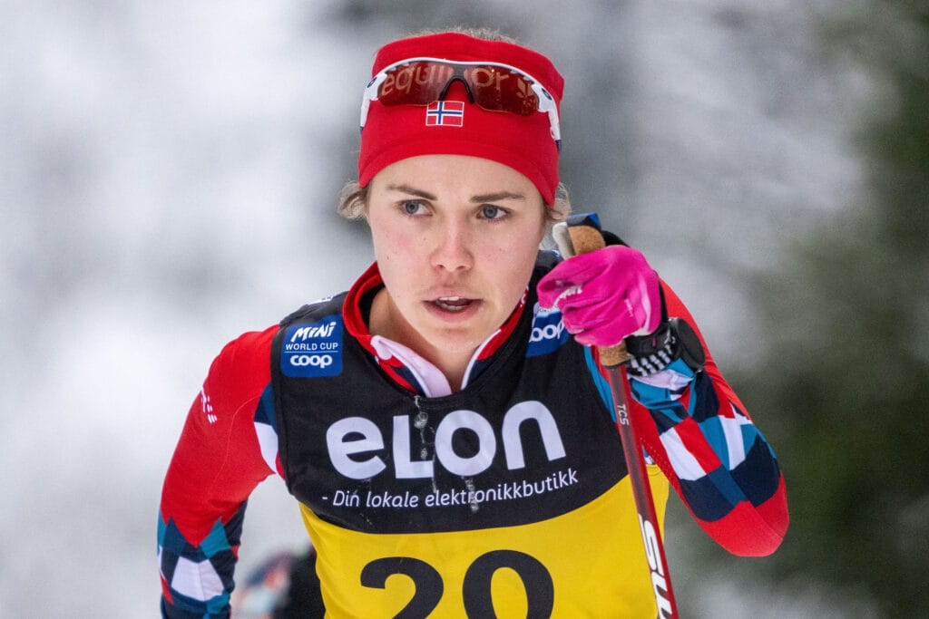 Margrethe Bergane of Norway competes in Women's Cross Country Skiing 20 km Mass Start during the FIS Cross-Country World Cup on December 4, 2022 in Lillehammer.