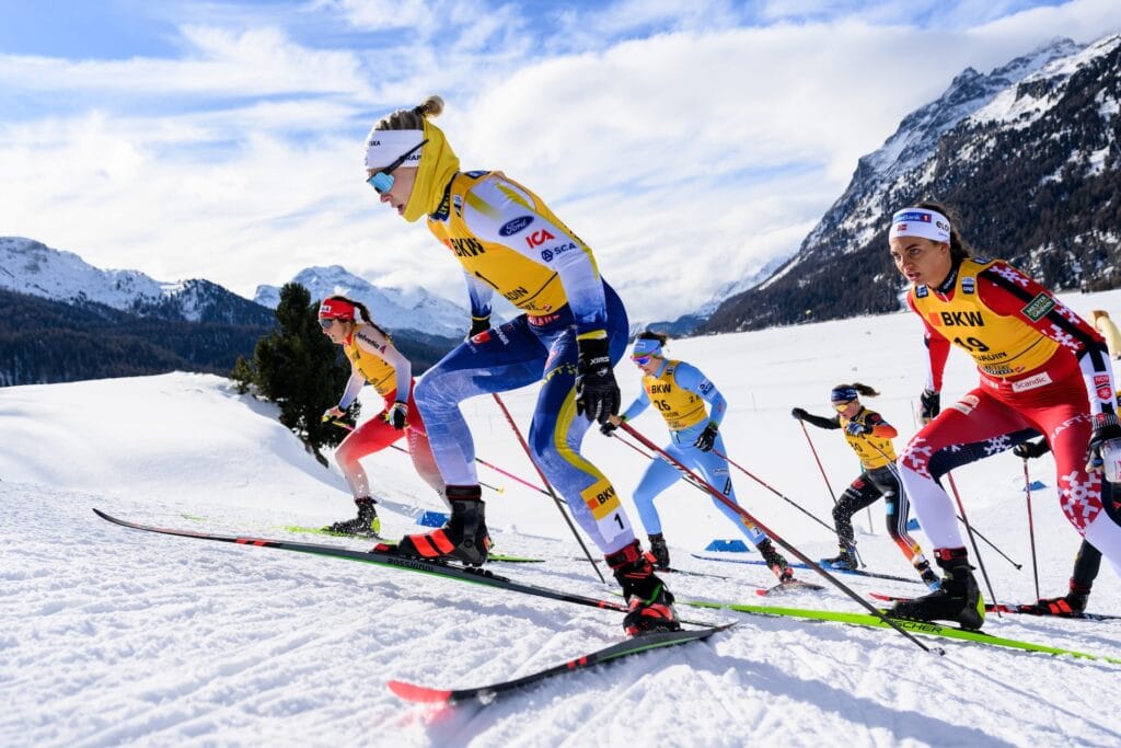Anja Weber of Switzerland, Jonna Sundling of Sweden and Kristine Stavaas Skistad of Norway compete in a women's sprint quarterfinal during the FIS Cross-Country World Cup on January 25, 2025 in Surlej.
