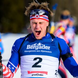 Campbell Wright of United States celebrates after men's 12,5 km pursuit during the IBU Biathlon World Championships on February 16, 2025 in Lenzerheide. Foto: Petter Arvidson / BILDBYRÅN