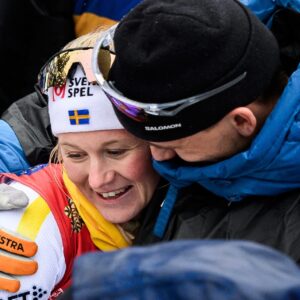 Maja Dahlqvist of Sweden celebrates with boyfriends Kevin Bolger of USA after competing in the women's classic technique team sprint final during day 8 of the 2025 FIS Nordic Ski World Championships on March 5, 2025 in Trondheim. Foto: Maxim Thore / BILDBYRÅN