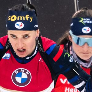 Julia Simon of France and Justine Braisaz-Bouchet of France competes in women's 10 km pursuit during the IBU Biathlon World Championships on February 11, 2024 in Nove Mesto na Morave.