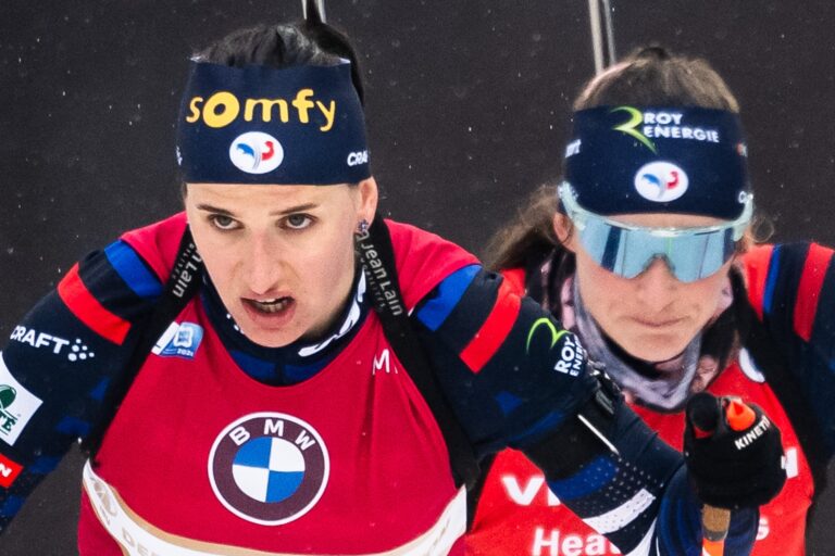 Julia Simon of France and Justine Braisaz-Bouchet of France competes in women's 10 km pursuit during the IBU Biathlon World Championships on February 11, 2024 in Nove Mesto na Morave.