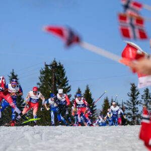 Johannes Høsflot Klæbo of Norway and Hugo Lapalus of France competes in the men's free technique 50 km mass start during day 11 of the 2025 FIS Nordic Ski World Championships on March 8, 2025 in Trondheim.