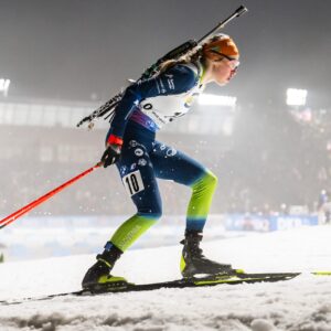 240209 Anamarija Lampic of Slovenia competes in women's 7,5 km sprint during the IBU Biathlon World Championships on February 9, 2024 in Nove Mesto na Morave.