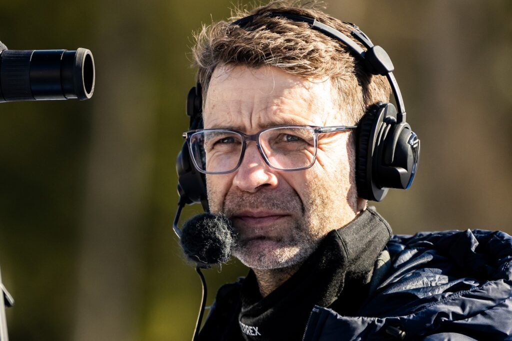 Ole Einar Bjørndalen ahead of women's 10 km pursuit during the IBU Biathlon World Championships on February 16, 2025 in Lenzerheide.