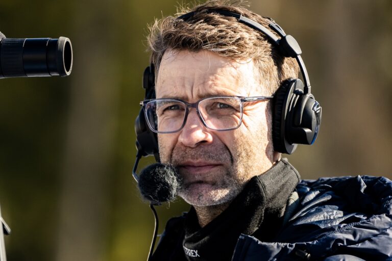 Ole Einar Bjørndalen ahead of women's 10 km pursuit during the IBU Biathlon World Championships on February 16, 2025 in Lenzerheide.