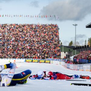 250308 William Poromaa of Sweden and Harald Østberg Amundsen of Norway after the men's free technique 50 km mass start during day 11 of the 2025 FIS Nordic Ski World Championships on March 8, 2025 in Trondheim.