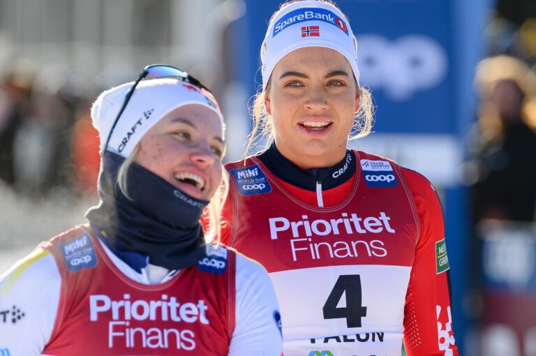Linn Svahn of Sweden and Kristine Stavås Skistad of Norway celebrate after the Women's Sprint final during the FIS Cross-Country World Cup on February 14, 2025 in Falun.