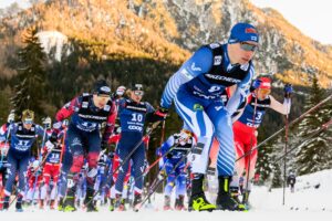 Lauri Vuorinen of Finland competes in the Men's Cross Country Skiing 15 km Classic Mass start during day two of Tour de Ski on December 29, 2024 in Toblach.