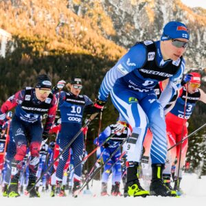 Lauri Vuorinen of Finland competes in the Men's Cross Country Skiing 15 km Classic Mass start during day two of Tour de Ski on December 29, 2024 in Toblach.