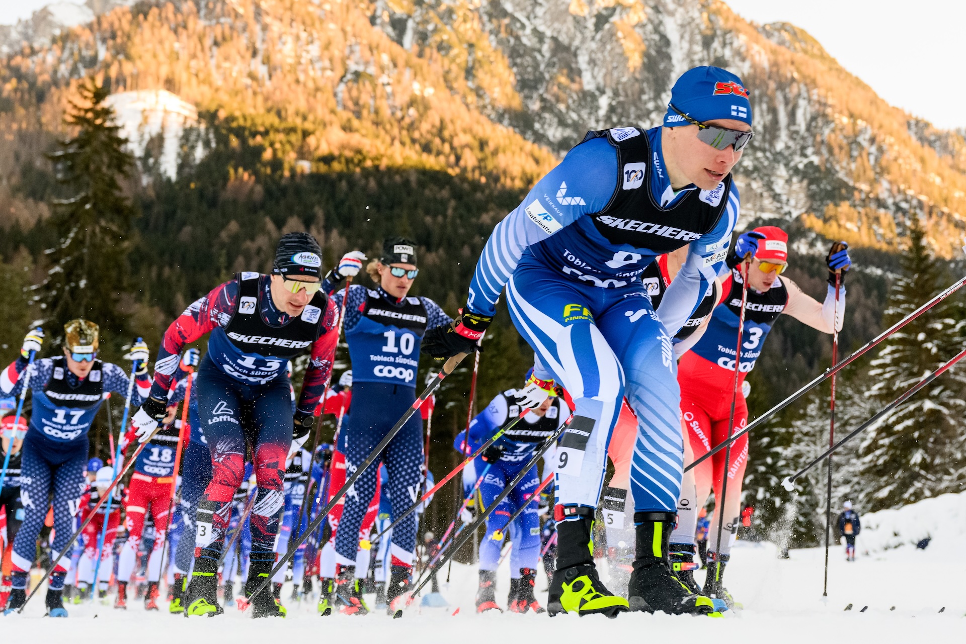 Lauri Vuorinen of Finland competes in the Men's Cross Country Skiing 15 km Classic Mass start during day two of Tour de Ski on December 29, 2024 in Toblach.