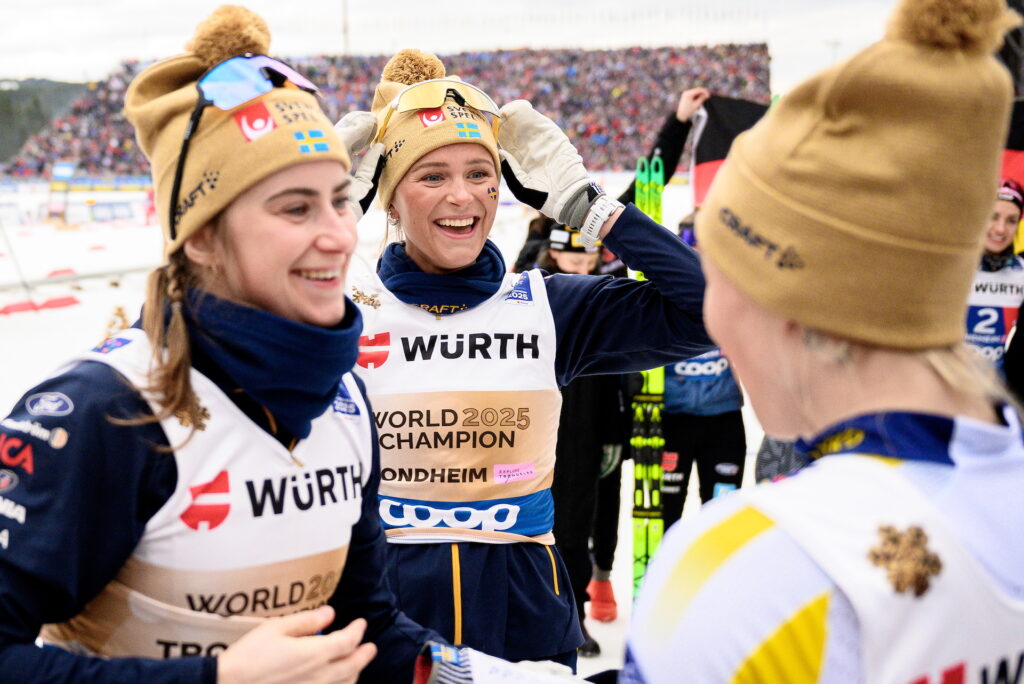 Ebba Andersson, Frida Karlsson and Jonna Sundling of Sweden celebrate after competing in the women's 4 x 7.5 km classic/free technique relay during day 10 of the 2025 FIS Nordic Ski World Championships on March 7, 2025 in Trondheim.