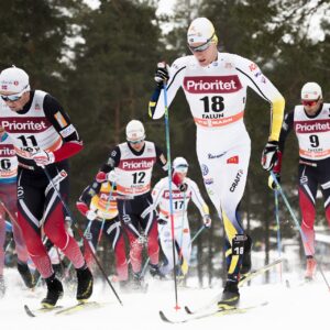 170129 Emil Iversen, Norge, Niklas Dyrhaug, Norge, och Daniel Richardsson, Sverige, i skidloppet över 30 km klassisk stil under världscupstävlingarna den 29 januari 2017 i Falun.