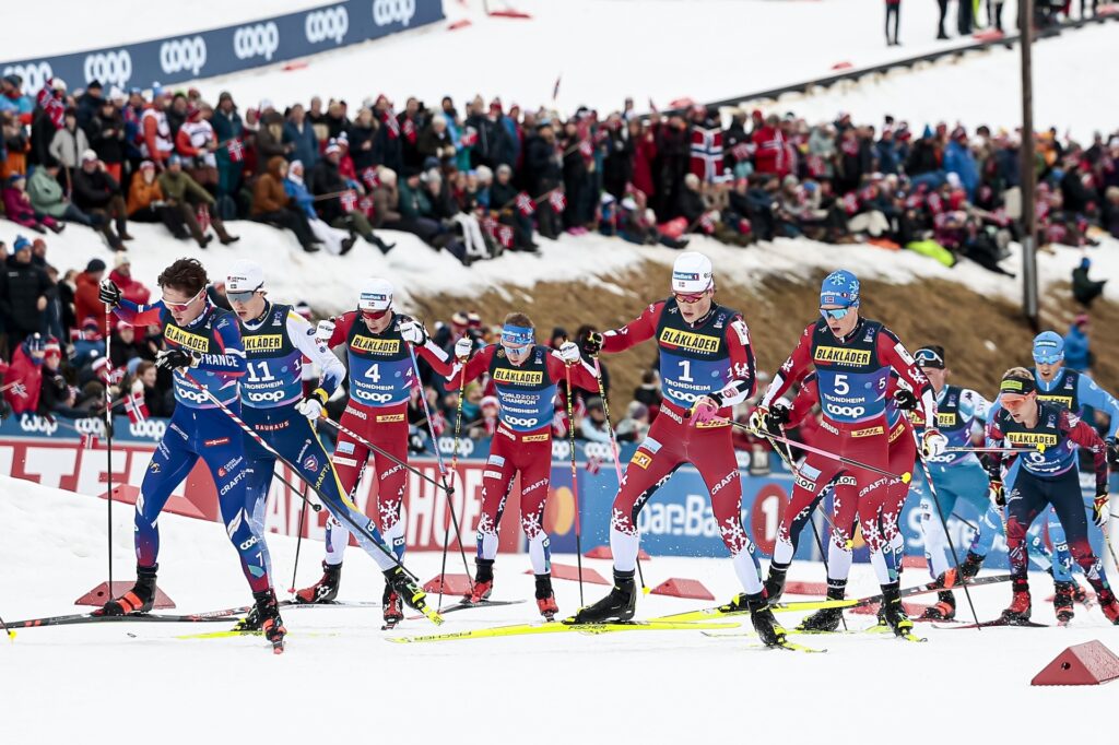 Trondheim, Norway (NOR):
Hugo Lapalus (FRA), Mathis Desloges (FRA), William Poromaa (SWE), Harald Oestberg Amundsen (NOR), Simen Hegstad Krueger (NOR), Johannes Hoesflot Klaebo (NOR), Martin Loewstroem Nyenget (NOR), Mika Vermeulen (AUT), (l-r) - FIS Nordic World Ski Championships Cross-Country, skiathlon men, Trondheim (NOR).